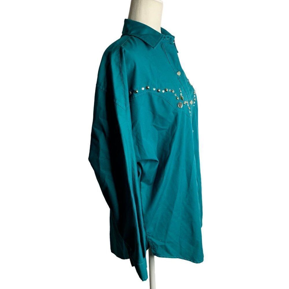 Vintage 80s H Bar C Embellished Western Shirt M Green Long Sleeve Rhinestone - Picture 5 of 6